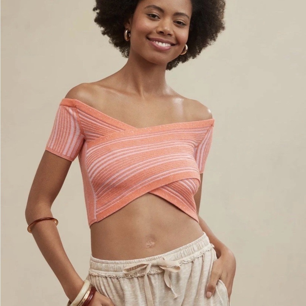 Aerie Peach Striped Off-Shoulder Crop Top - Picture 2 of 11